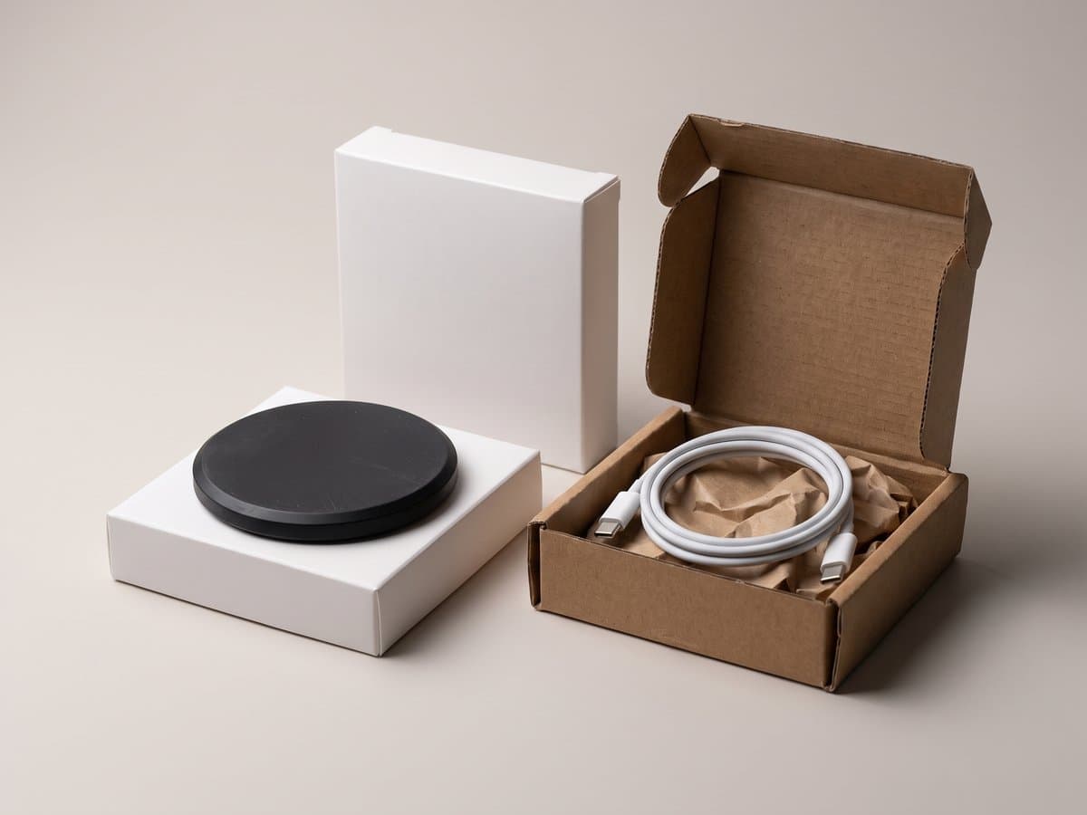 A black wireless charging pad on its plain white retail box, beside an open brown mailer box holding a white cable.
