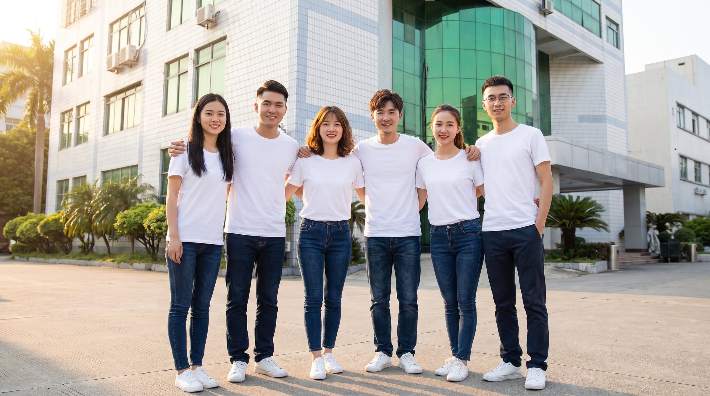 Six colleagues in white T-shirts in front of a factory.