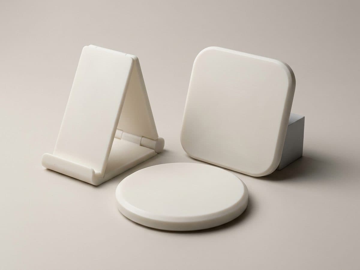 Plain white design models of a folding charger stand and two charging pads, unfinished and unbranded.